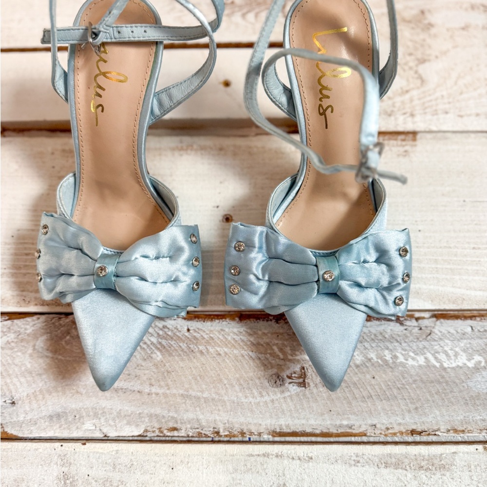 Lulu's Light Blue Satin Pointed-Toe Bow Ankle-Strap Heels